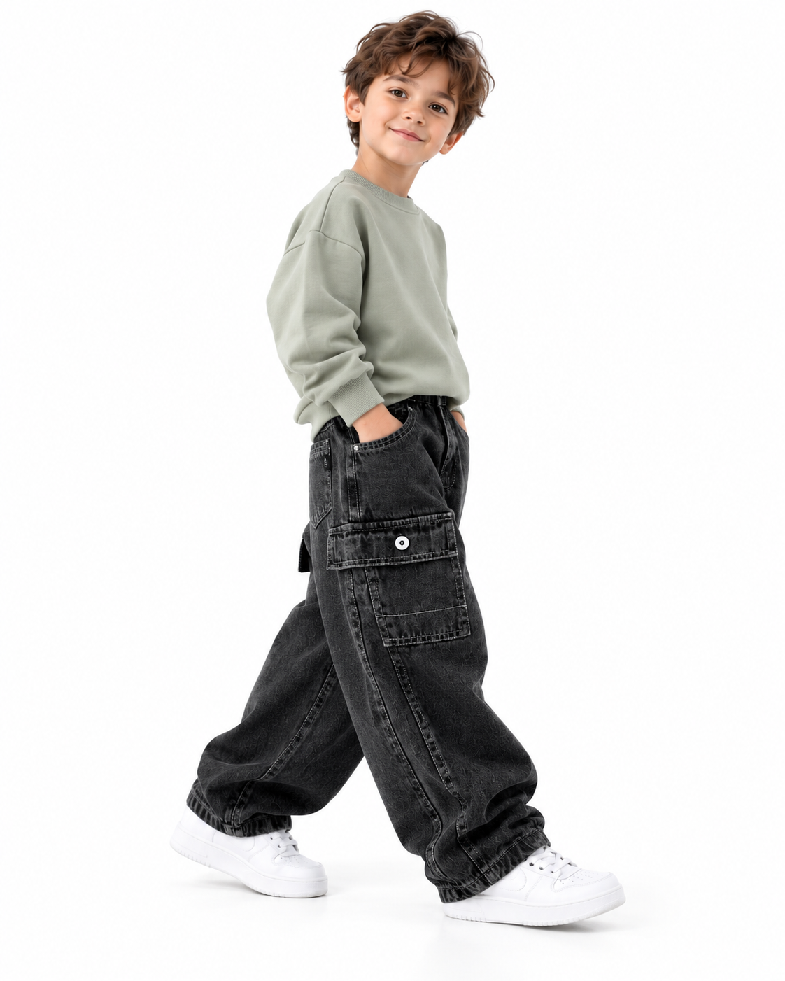 Charcoal Balloon Cargo Jeans model side